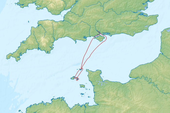 Our route from Southampton to Alderney, Guernsey, Herm, Sark, Alderney, Beaulieu, and back to Southampton